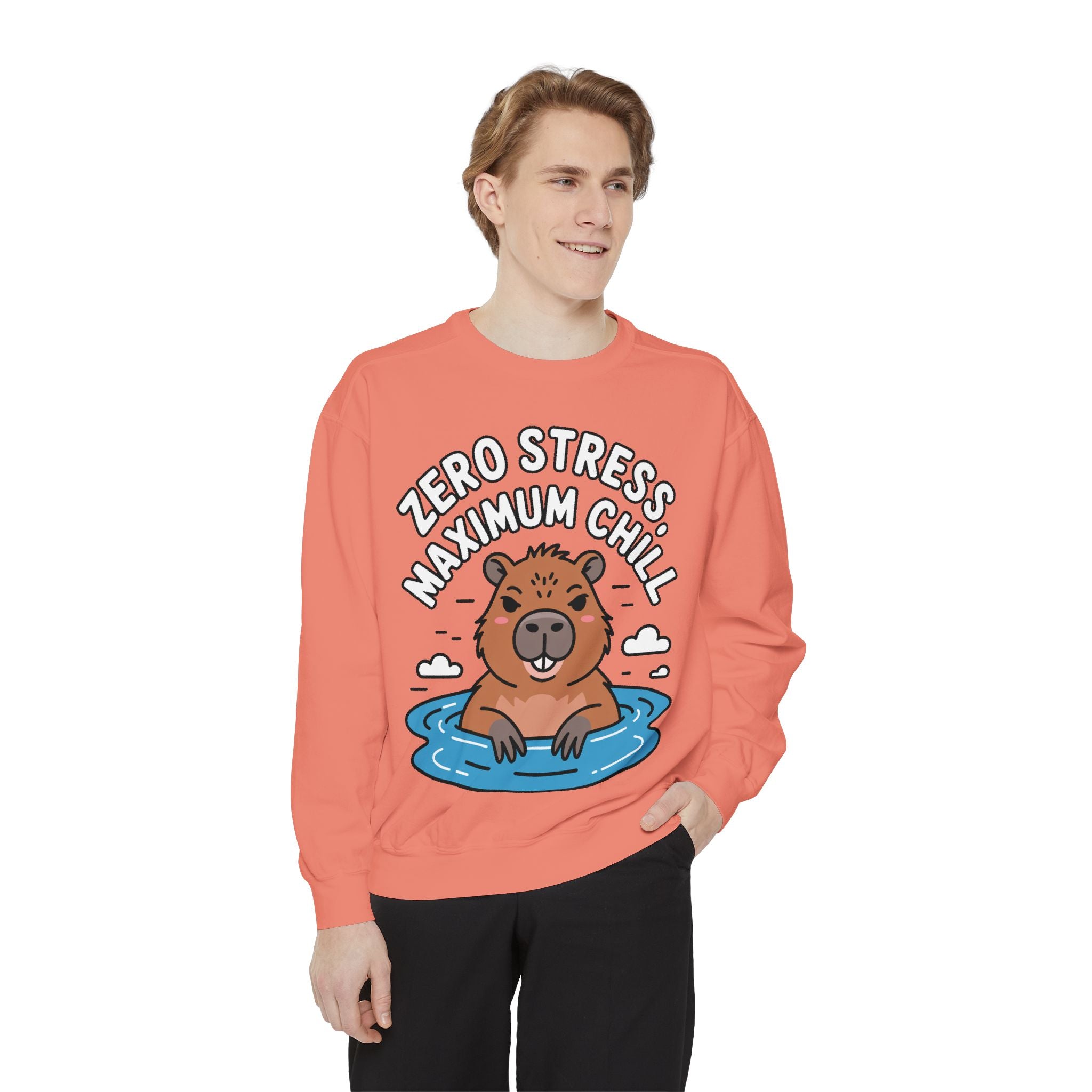 Zero Stress Capybara Sweatshirt, Funny Hot Spring Capybara Crewneck, Cute Chill Animal Gift, Garment Dyed Embroidered Sweatshirt