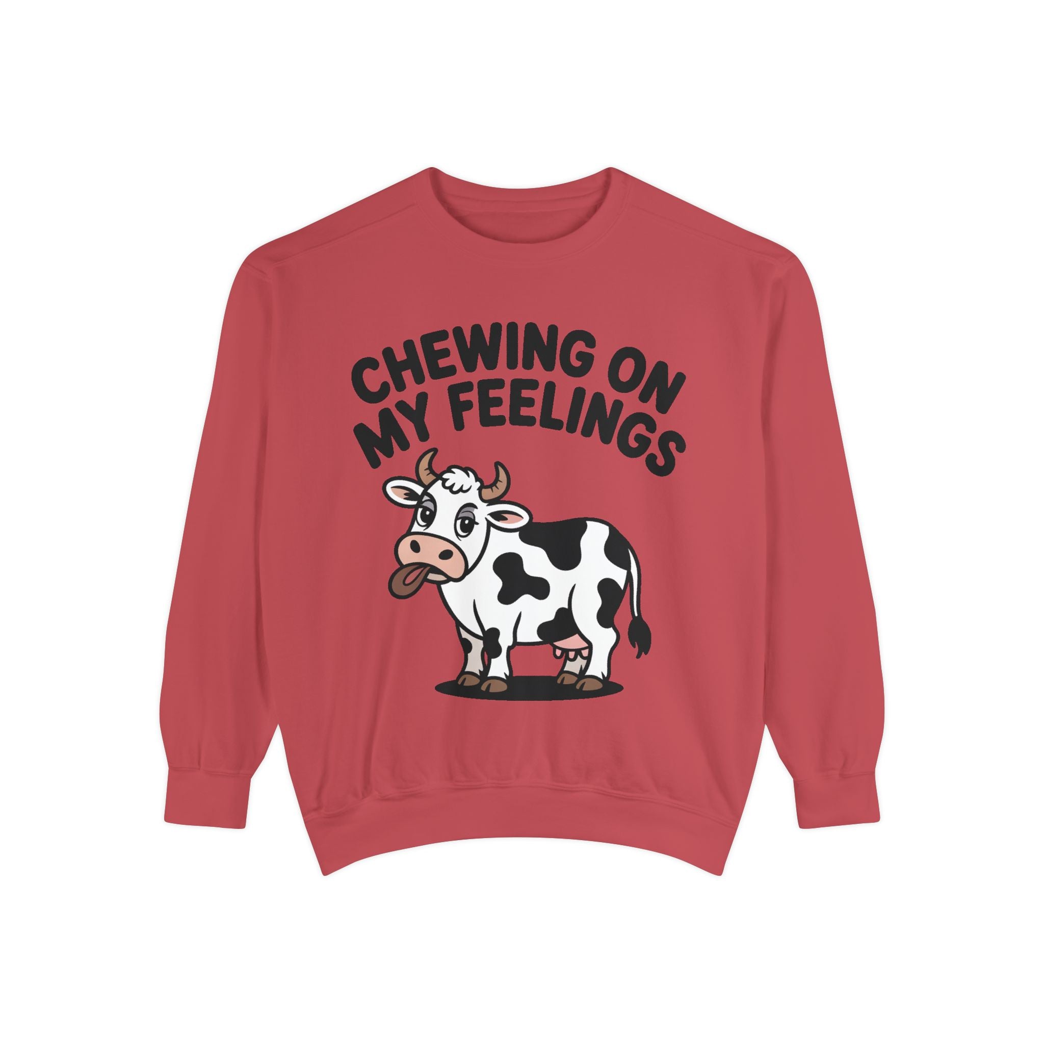 Chewing On My Feelings Sweatshirt, Funny Cow Crewneck, Cute Cow Lover Gift, Embroidered Style Cow Sweatshirt, Funny Farm Animal Shirt