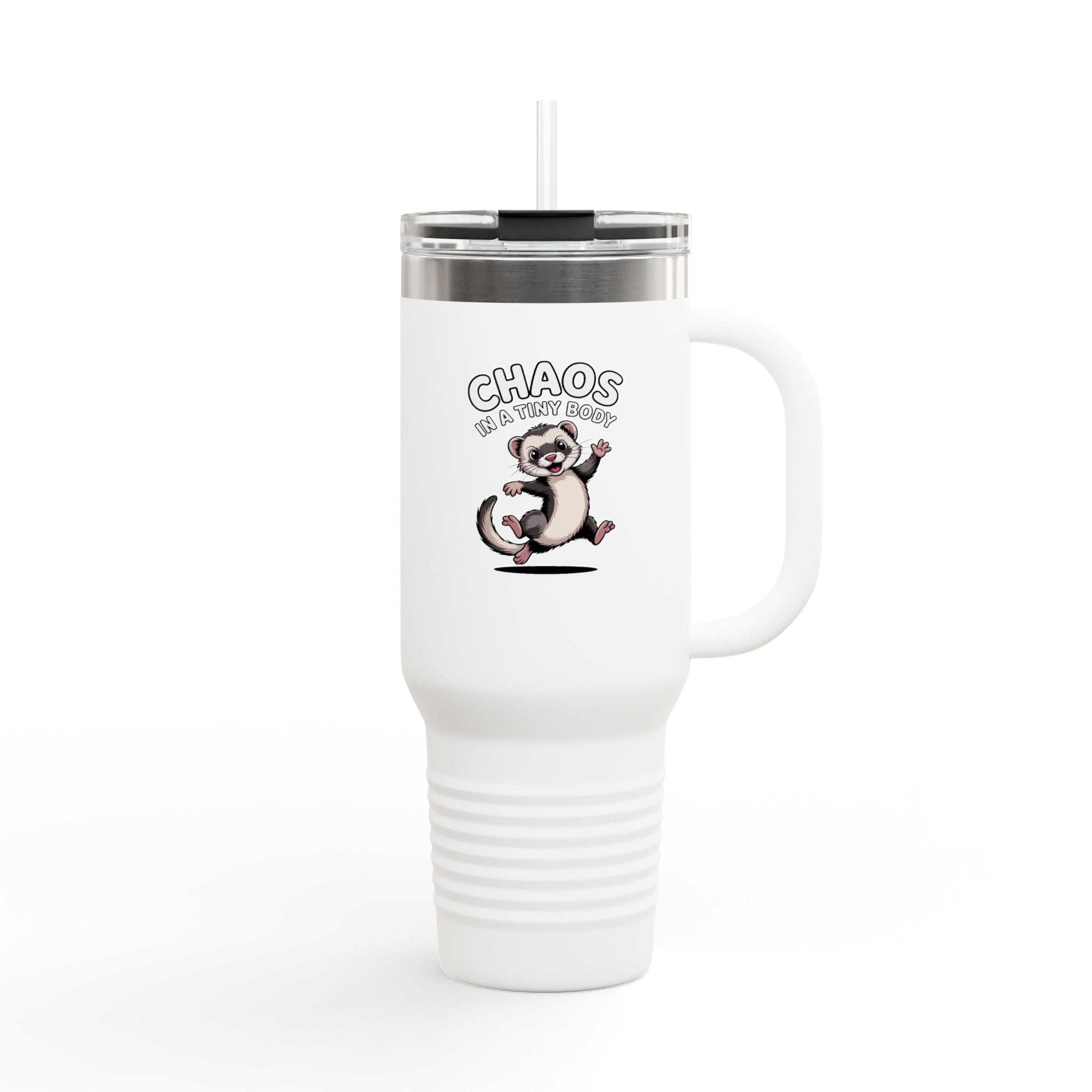 Funny Ferret Travel Mug 40oz, Chaos In A Tiny Body Tumbler, Cute Ferret Lover Gift, Insulated Tumbler With Handle And Straw