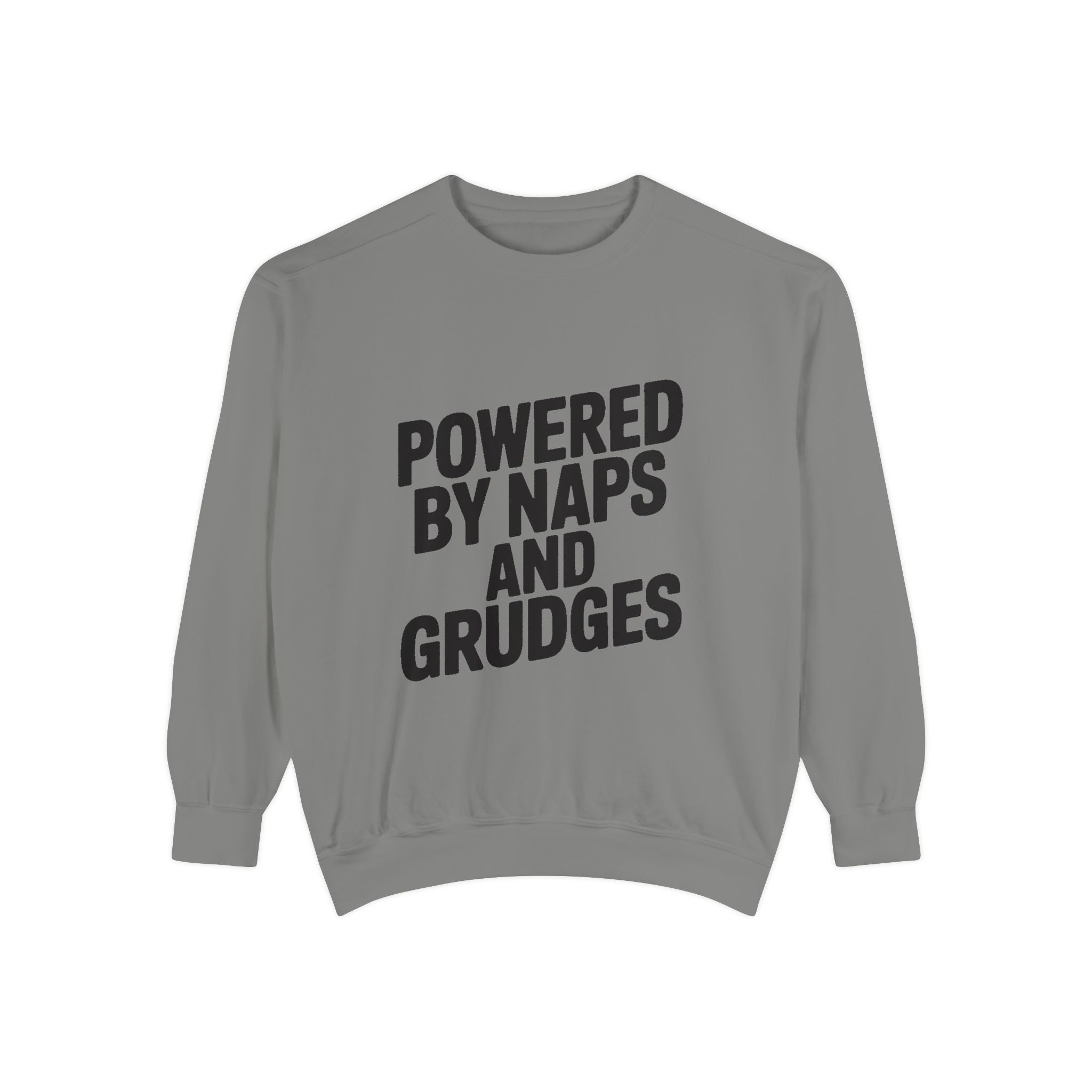 Powered By Naps And Grudges Sweatshirt, Funny Sarcastic Crewneck, Embroidered-Look Graphic Sweatshirt, Sarcasm Lover Gift