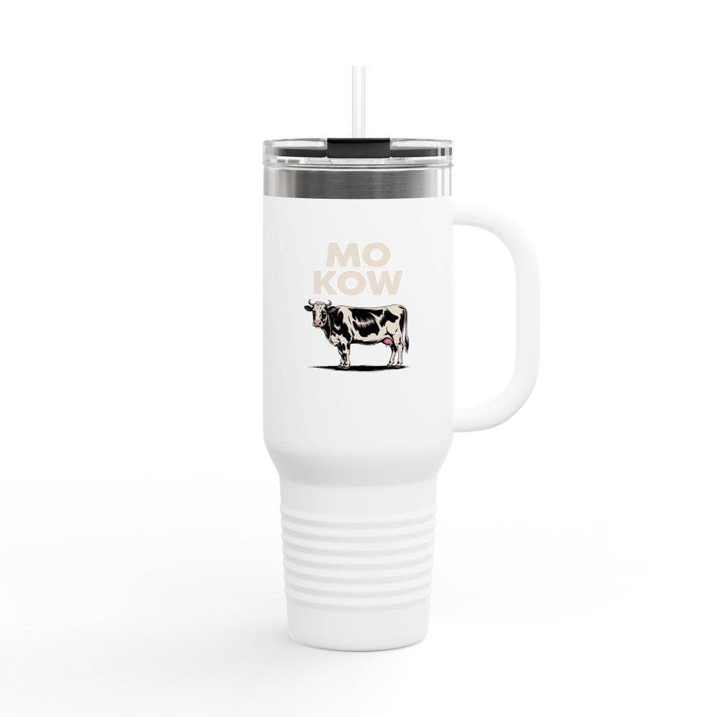 Funny Mo Kow Cow Travel Mug, Absurd Meme Tumbler, Deadpan Farm Animal Gift, 40oz Insulated Cup with Handle and Straw
