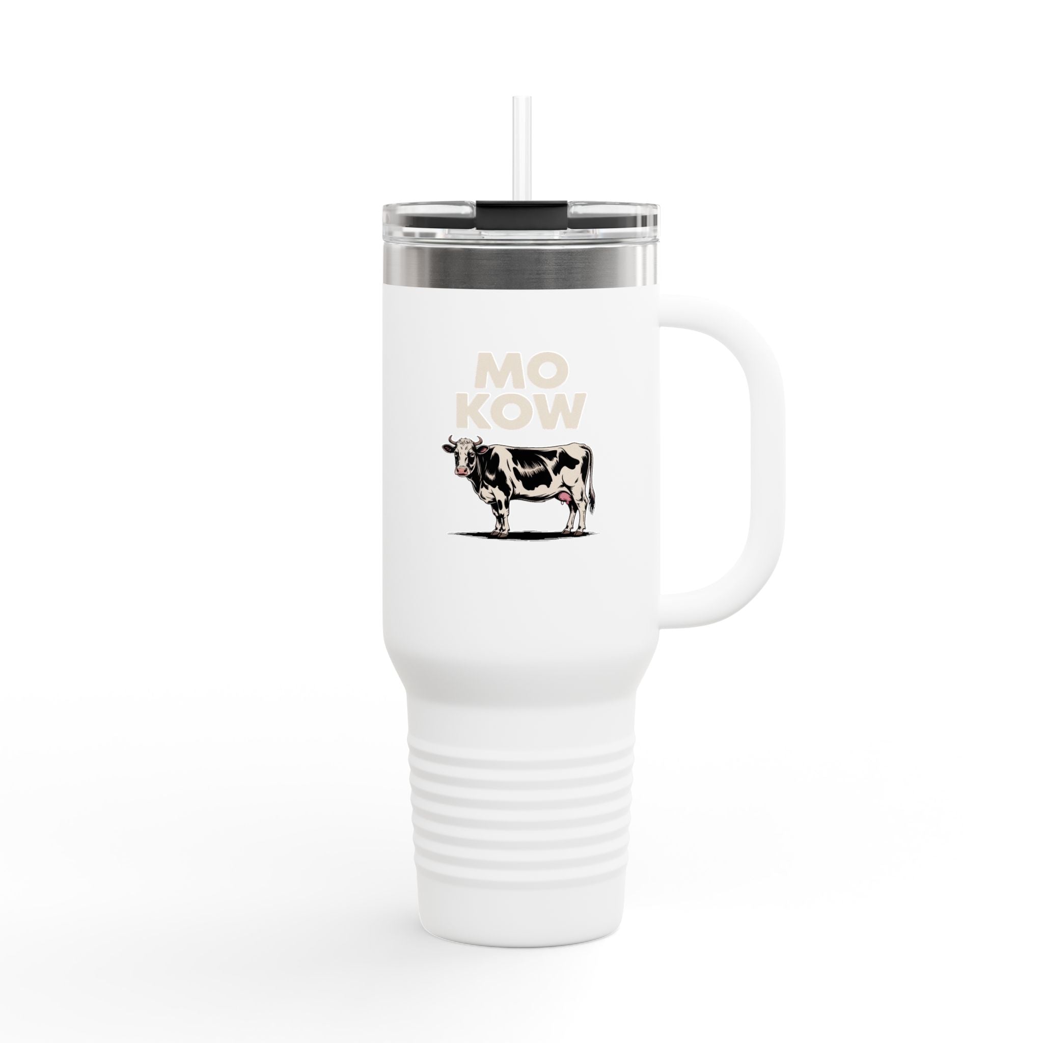 Funny Mo Kow Cow Travel Mug, Absurd Meme Tumbler, Deadpan Farm Animal Gift, 40oz Insulated Cup with Handle and Straw