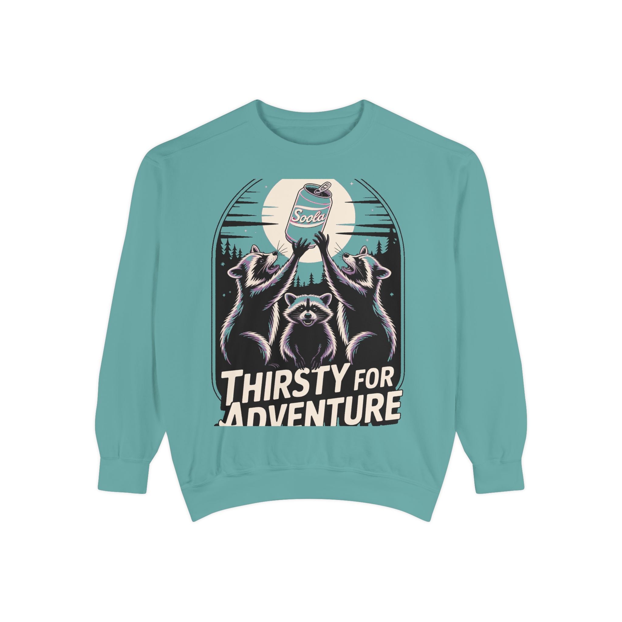 Thirsty For Adventure Raccoons Sweatshirt, Funny Vintage Poster Crewneck, Retro Raccoon Graphic Sweatshirt Gift