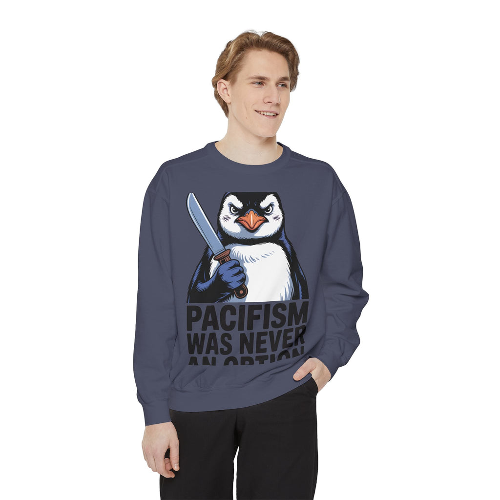 Pacifism Was Never An Option Penguin Sweatshirt, Funny Butter Knife Penguin Crewneck, Vintage Poster Style Graphic Sweatshirt Gift
