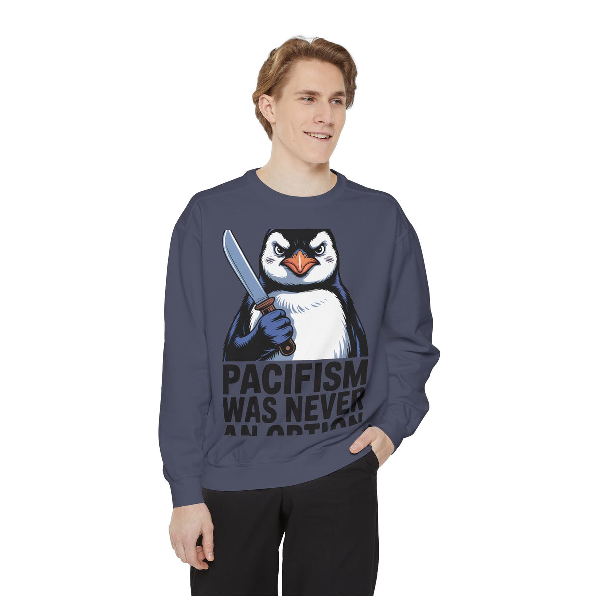 Pacifism Was Never An Option Penguin Sweatshirt, Funny Butter Knife Penguin Crewneck, Vintage Poster Style Graphic Sweatshirt Gift