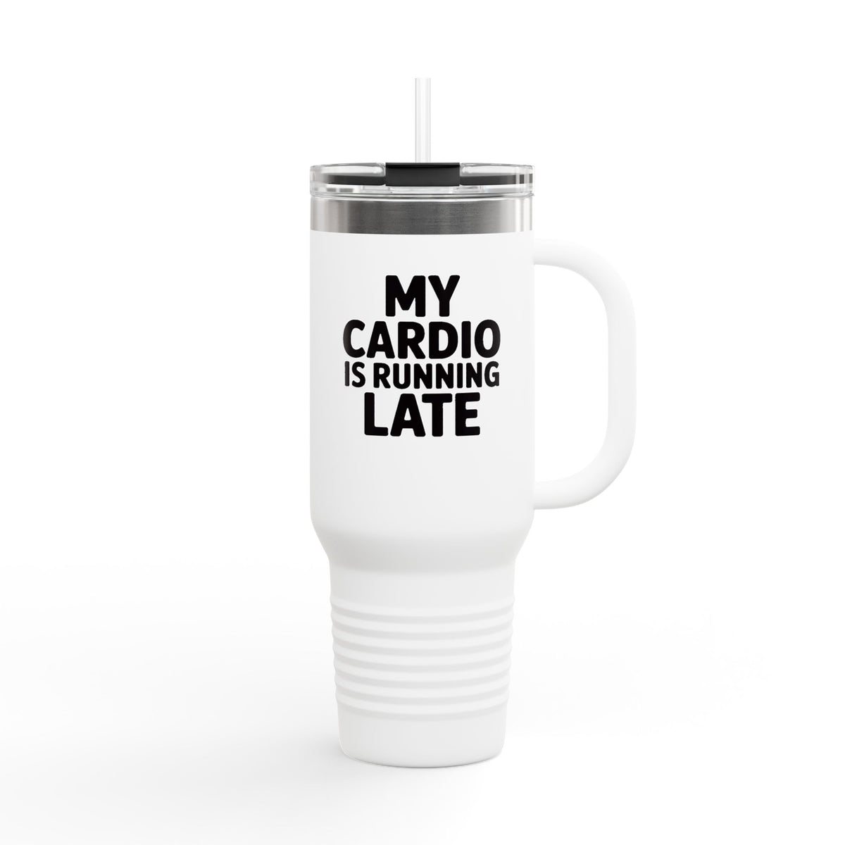 My Cardio Is Running Late Tumbler, Funny Gym Quote 40oz Mug, Sarcastic Fitness Travel Cup, Workout Humor Gift for Her Him