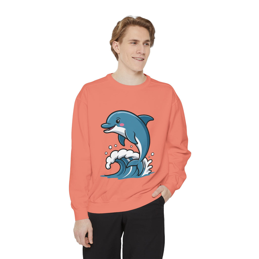 Cute Dolphin Sweatshirt, Embroidered Wave Crewneck, Ocean Lover Gift, Garment Dyed Beach Sweatshirt for Women Men