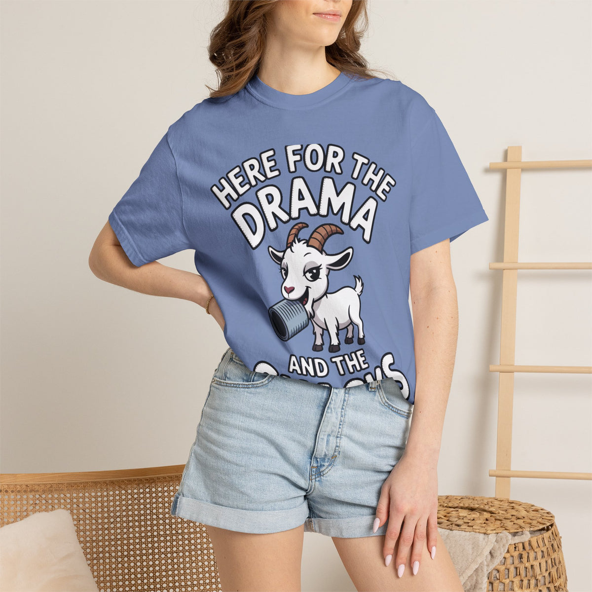 Funny Goat Shirt, Here For The Drama And The Snacks T-Shirt, Cute Goat Lover Gift, Sarcastic Farm Animal Tee