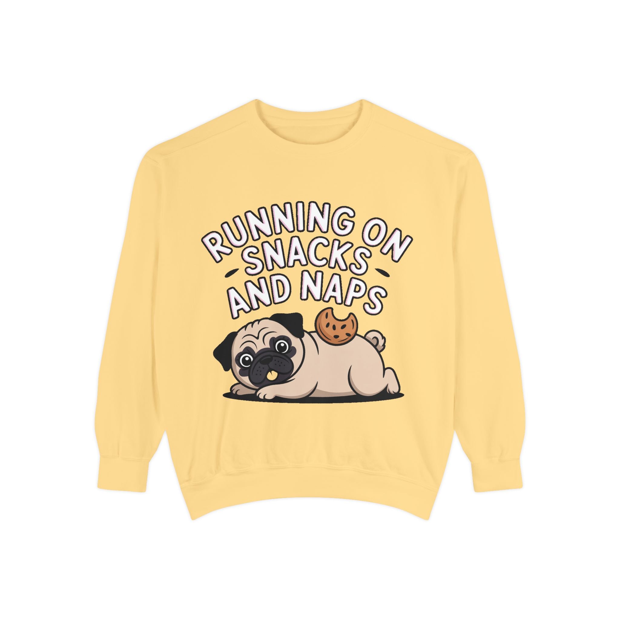 Pug Sweatshirt, Funny Running On Snacks And Naps Crewneck, Cute Pug Lover Gift, Embroidered Patch Style Dog Sweater