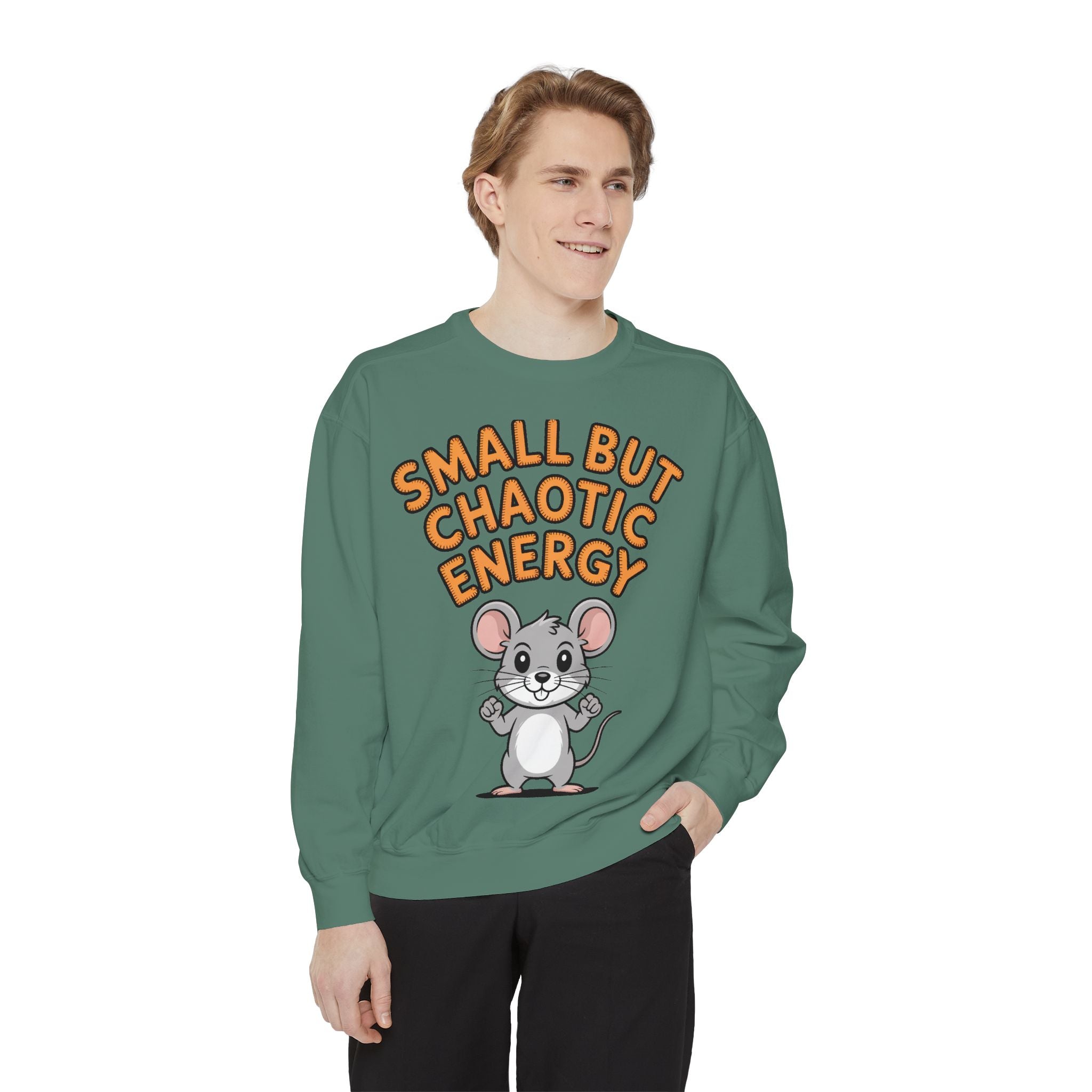 Small But Chaotic Energy Sweatshirt, Funny Mouse Crewneck, Cute Cartoon Mouse Sweatshirt, Embroidered Patch Style Gift