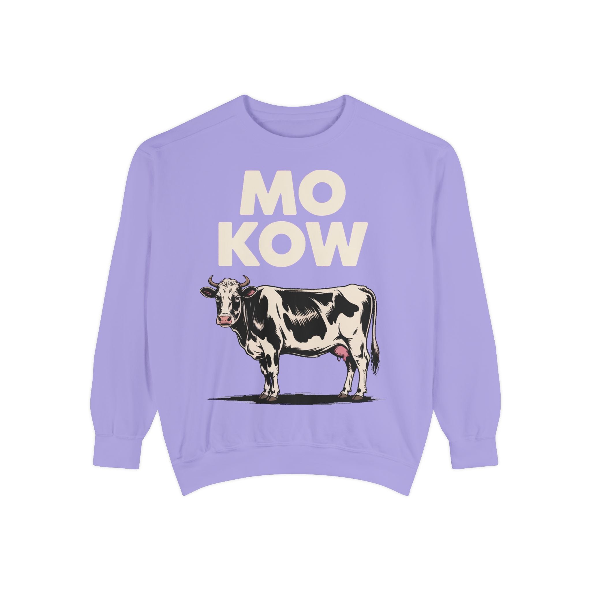Mo Kow Funny Cow Sweatshirt, Absurd Meme Crewneck, Deadpan Farm Animal Embroidered Sweatshirt, Funny Cow Lover Gift
