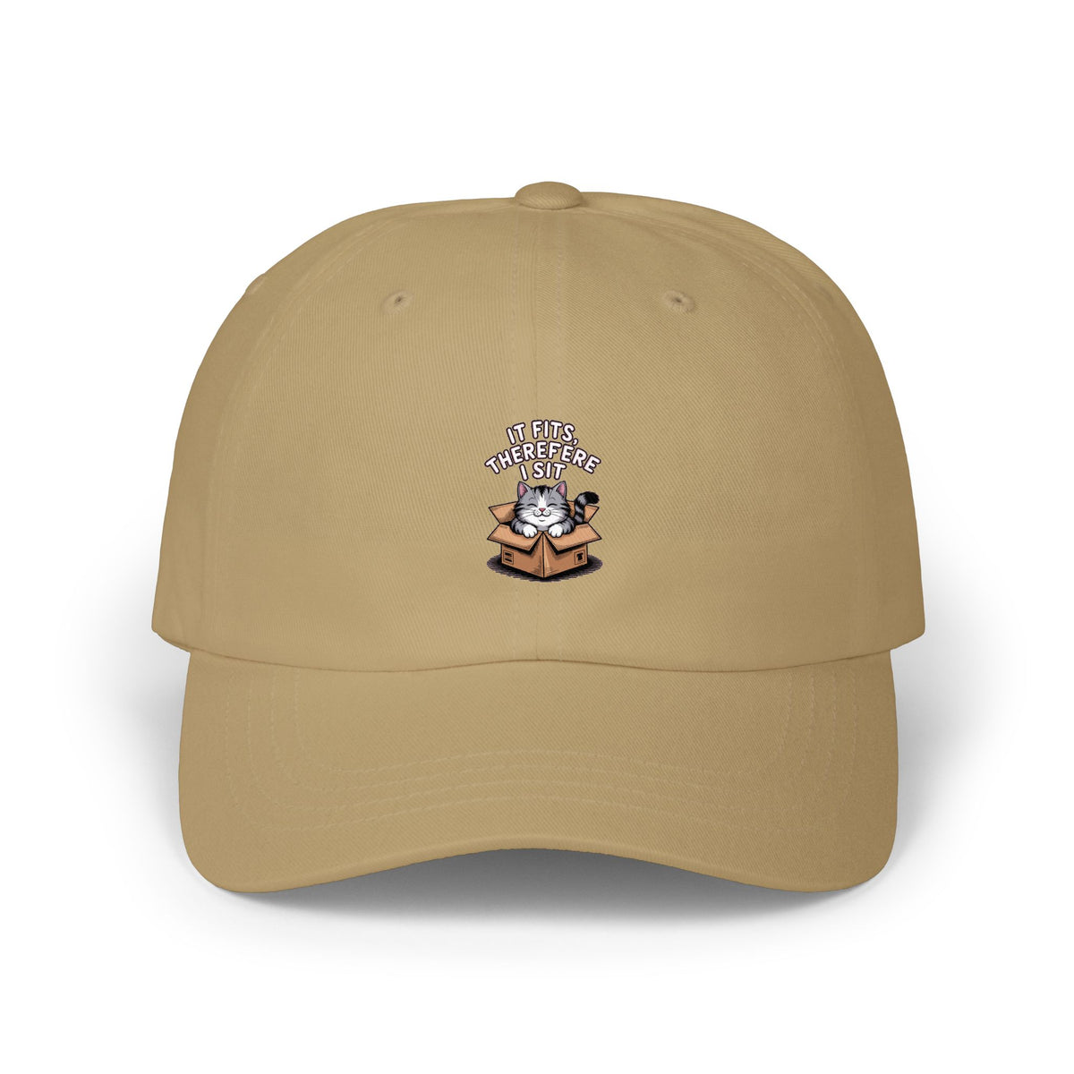 It Fits Therefore I Sit Cat Dad Hat, Funny Cat Lover Embroidered Cap, Cute Chubby Cat In Box Hat, Cat Mom Gift, Sarcastic Cat Cap