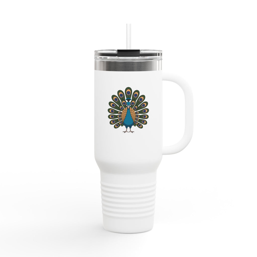 Peacock Travel Mug 40oz, Cute Peacock Feathers Tumbler with Handle, Bird Lover Gift, Insulated Stainless Steel Cup with Straw