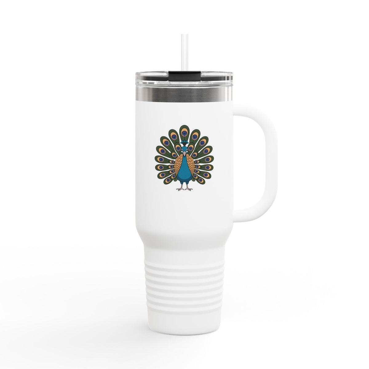 Peacock Travel Mug 40oz, Cute Peacock Feathers Tumbler with Handle, Bird Lover Gift, Insulated Stainless Steel Cup with Straw