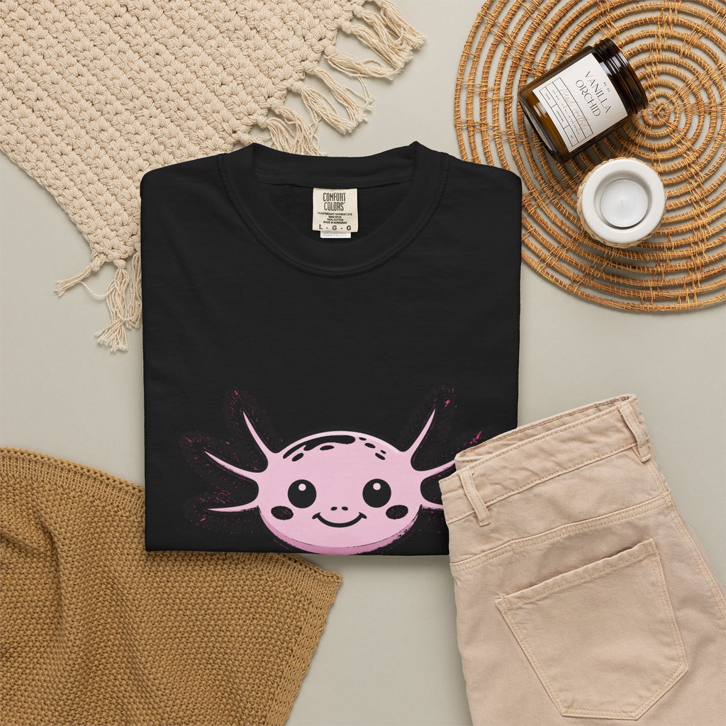 Cute Axolotl Shirt, Smiling Axolotl T-Shirt, Kawaii Axolotl Lover Gift, Garment Dyed Unisex Tee