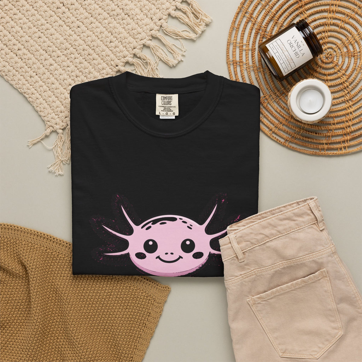 Cute Axolotl Shirt, Smiling Axolotl T-Shirt, Kawaii Axolotl Lover Gift, Garment Dyed Unisex Tee