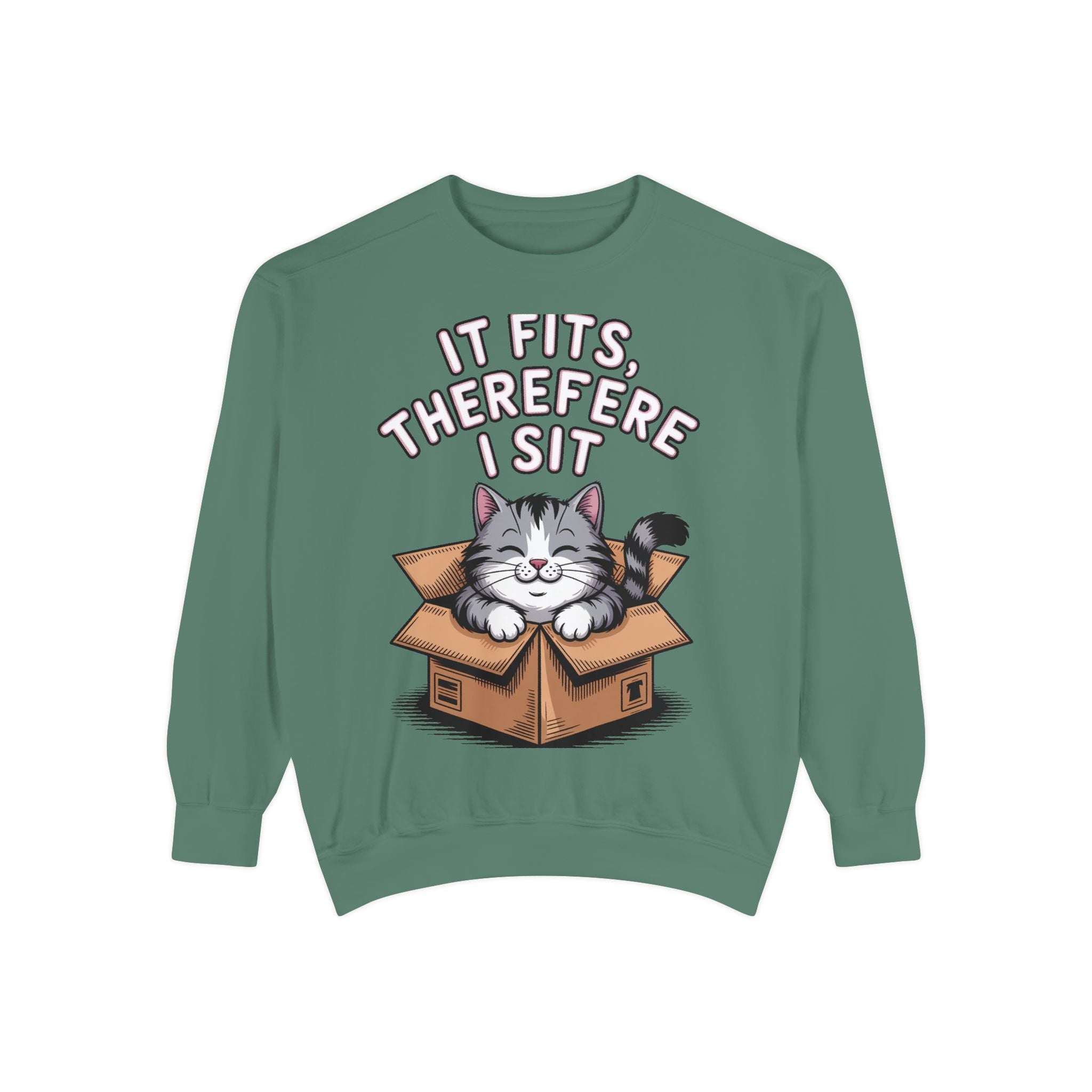 Funny Cat Sweatshirt, It Fits Therefore I Sit Crewneck, Cat In Box Embroidered Sweatshirt, Cat Lover Gift, Funny Cat Lover Sweater