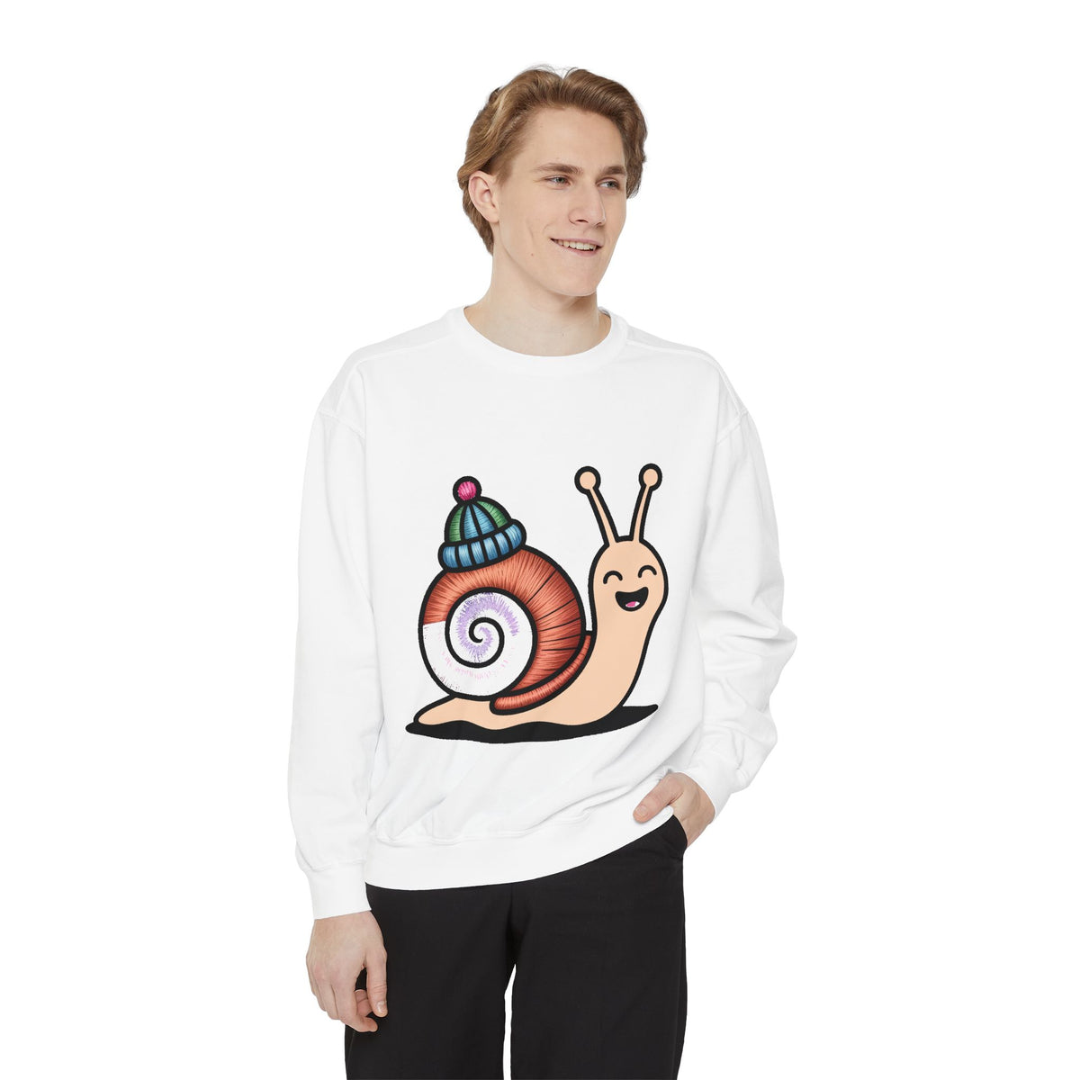 Cute Snail Sweatshirt, Embroidered Patch Style Snail With Tiny Hat Crewneck, Cottagecore Nature Lover Gift, Garment-Dyed Pullover