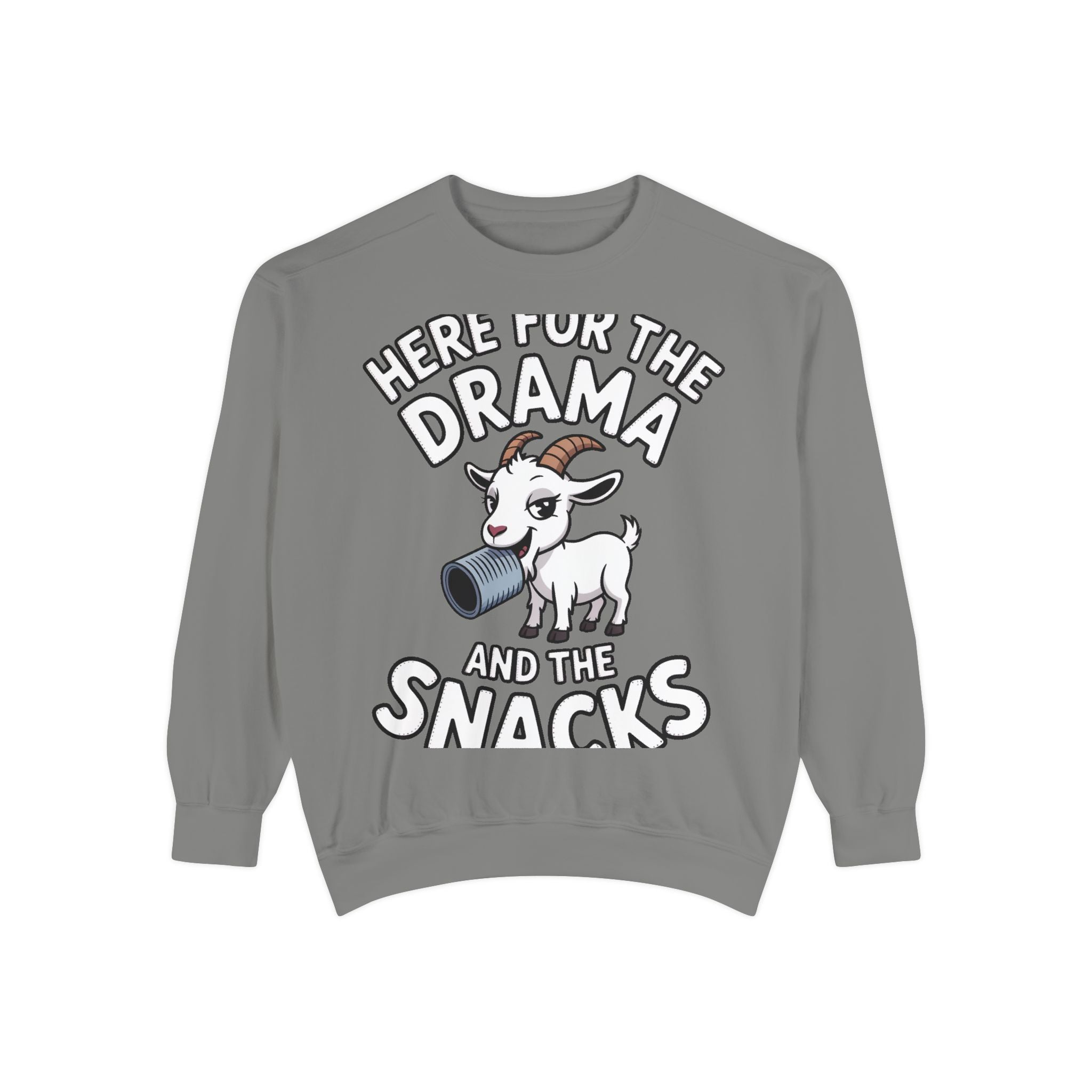 Funny Goat Sweatshirt, Here For The Drama And The Snacks Crewneck, Cute Goat Lover Gift, Embroidered Patch Style Sweatshirt