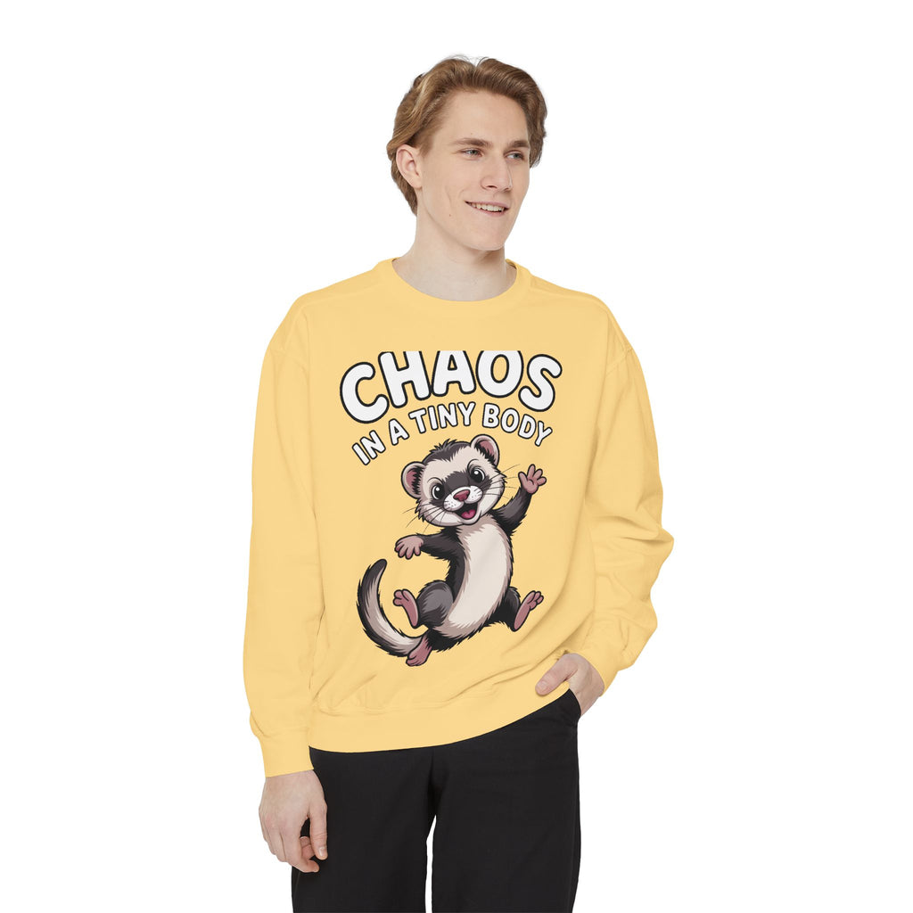 Funny Ferret Sweatshirt, Chaos In A Tiny Body Crewneck, Cute Ferret Lover Gift, Embroidered Style Ferret Sweatshirt For Pet Owners