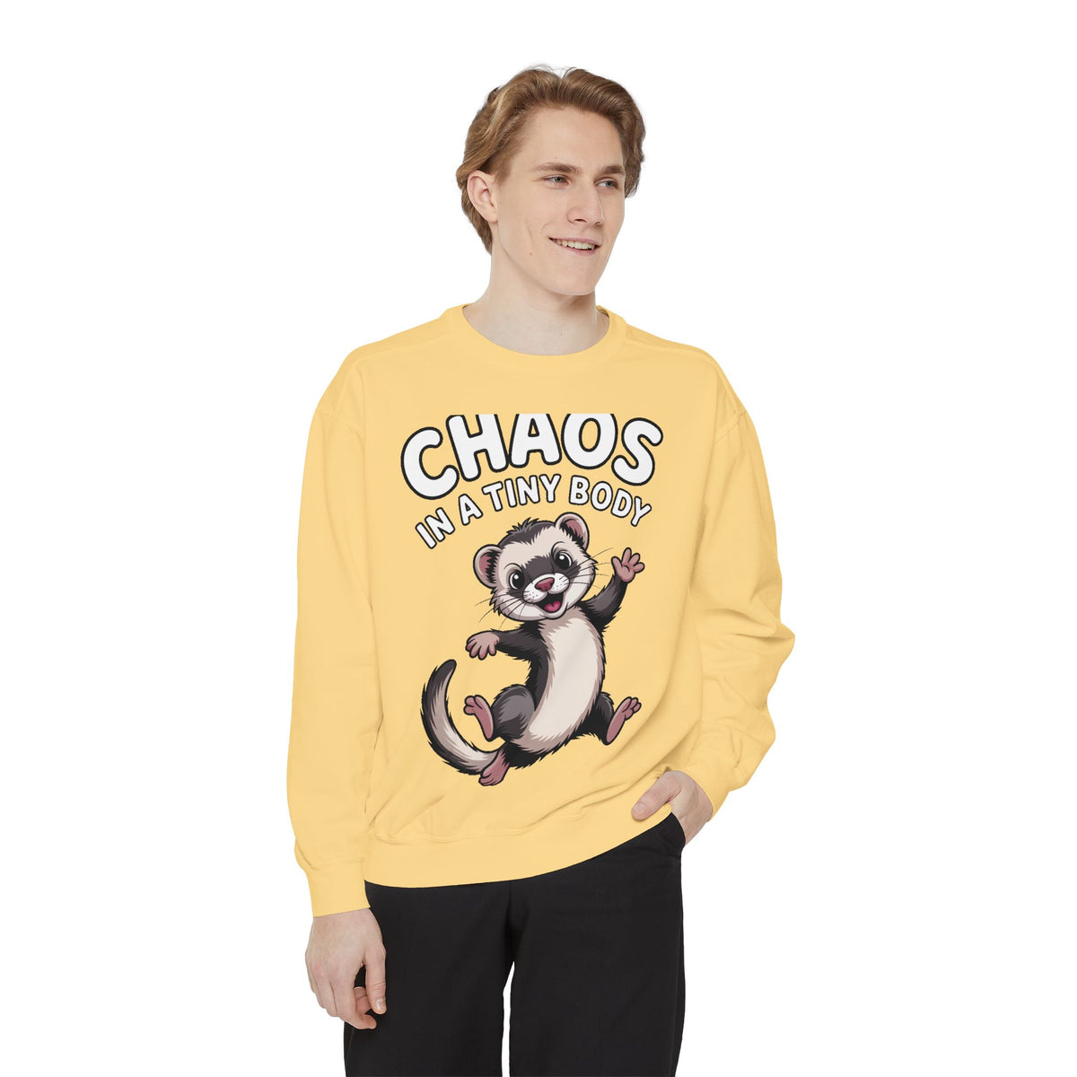 Funny Ferret Sweatshirt, Chaos In A Tiny Body Crewneck, Cute Ferret Lover Gift, Embroidered Style Ferret Sweatshirt For Pet Owners