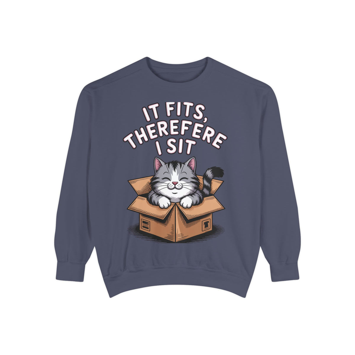 Funny Cat Sweatshirt, It Fits Therefore I Sit Crewneck, Cat In Box Embroidered Sweatshirt, Cat Lover Gift, Funny Cat Lover Sweater