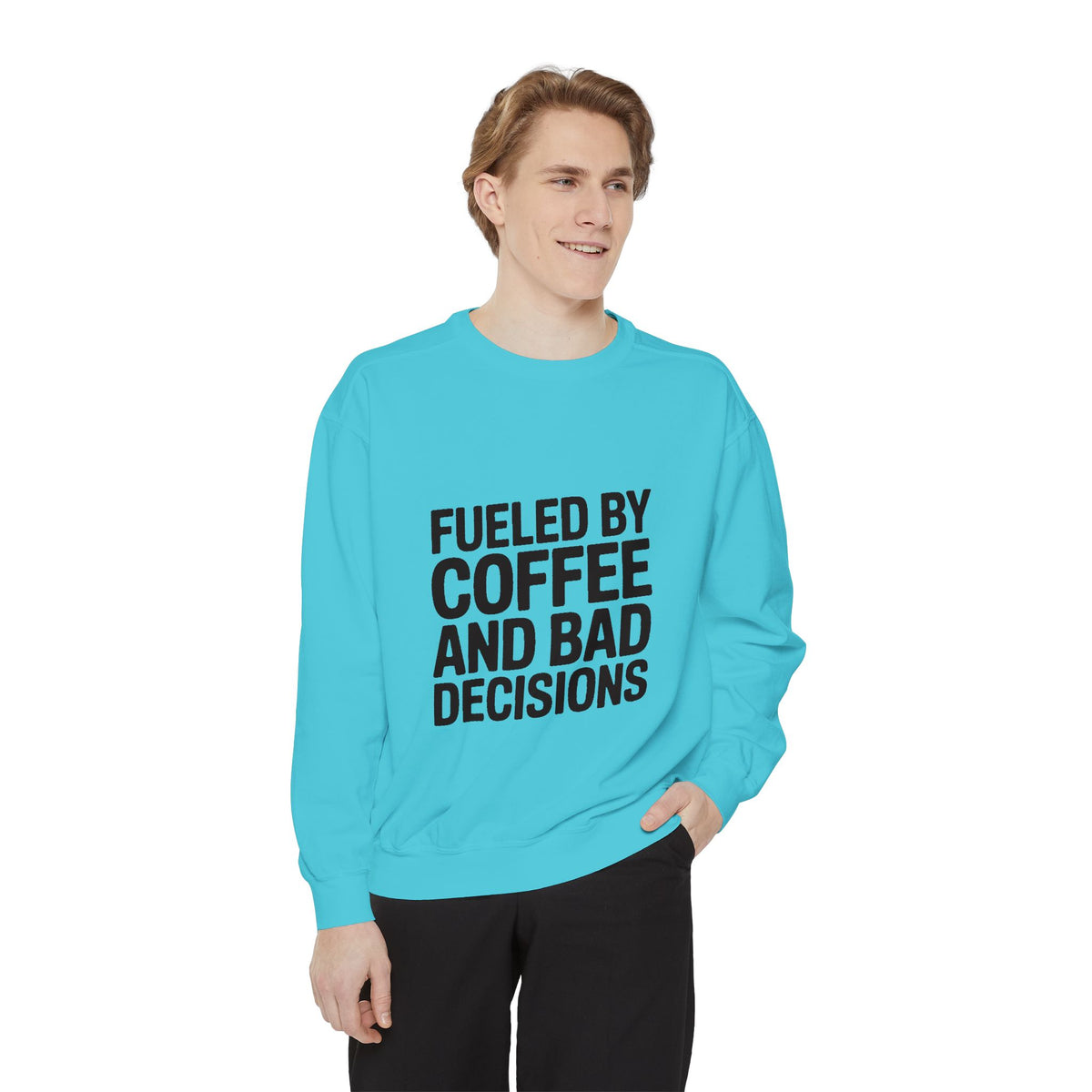 Fueled By Coffee And Bad Decisions Sweatshirt, Funny Embroidered Crewneck, Sarcastic Coffee Lover Gift, Trendy Minimalist Pullover