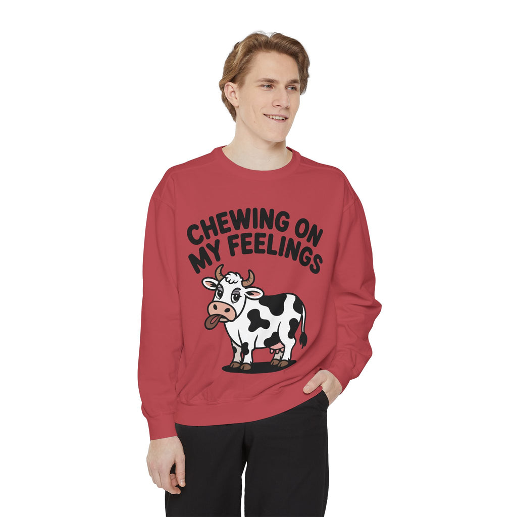 Chewing On My Feelings Sweatshirt, Funny Cow Crewneck, Cute Cow Lover Gift, Embroidered Style Cow Sweatshirt, Funny Farm Animal Shirt
