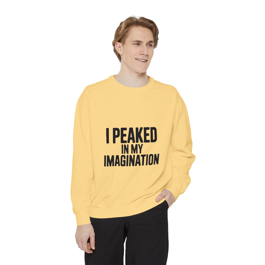 I Peaked In My Imagination Sweatshirt, Funny Sarcastic Crewneck, Bold Typography Embroidered Sweatshirt, Daydreamer Gift