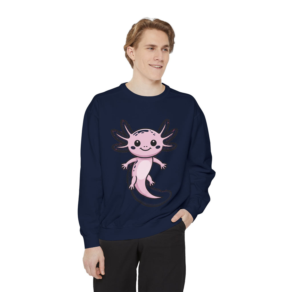 Cute Axolotl Sweatshirt, Smiling Axolotl Embroidered Crewneck, Kawaii Animal Lover Gift, Garment Dyed Pullover