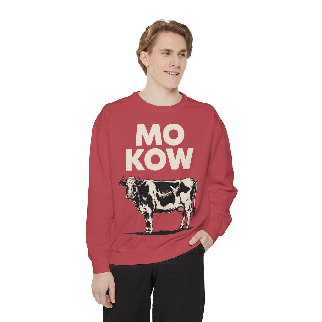 Mo Kow Funny Cow Sweatshirt, Absurd Meme Crewneck, Deadpan Farm Animal Embroidered Sweatshirt, Funny Cow Lover Gift
