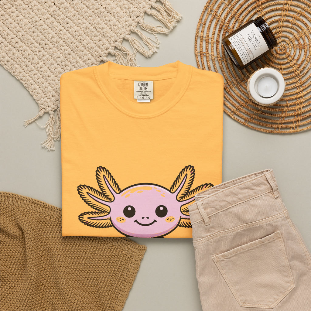 Cute Axolotl Shirt, Smiling Axolotl T-Shirt, Kawaii Axolotl Lover Gift, Garment Dyed Unisex Tee