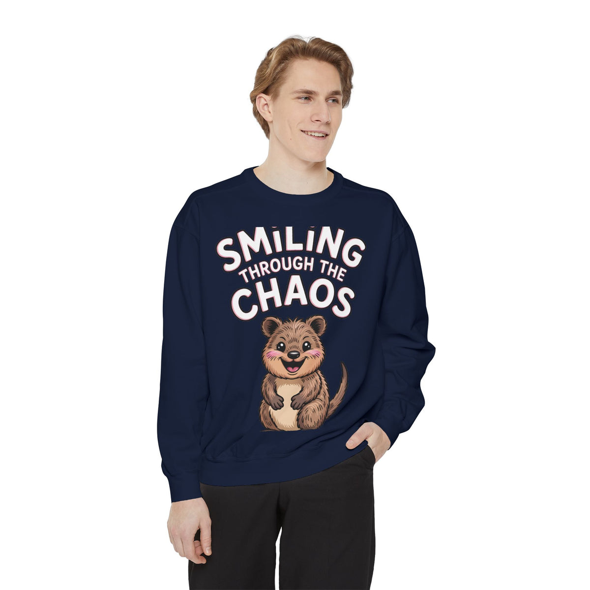 Smiling Through The Chaos Quokka Sweatshirt, Cute Embroidered-Look Crewneck, Funny Quokka Lover Gift, Positive Vibes Pullover