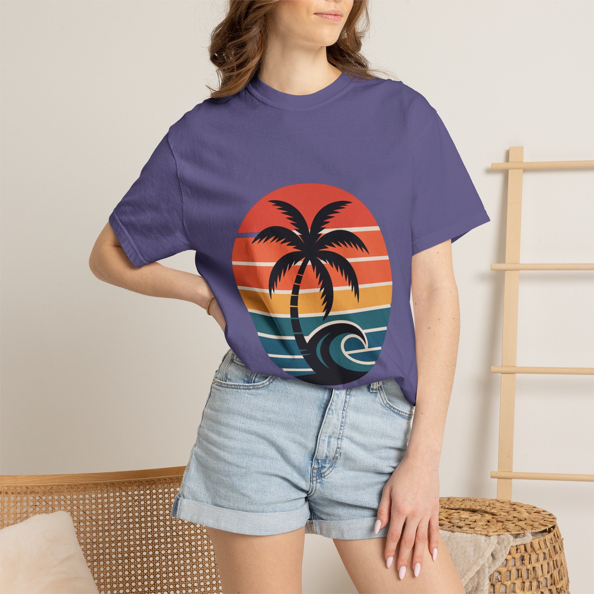 Salt Air Messy Hair Beach Shirt, Retro Sunset Badge T-Shirt, Vintage Palm Tree Wave Tee, Summer Vacation Gift