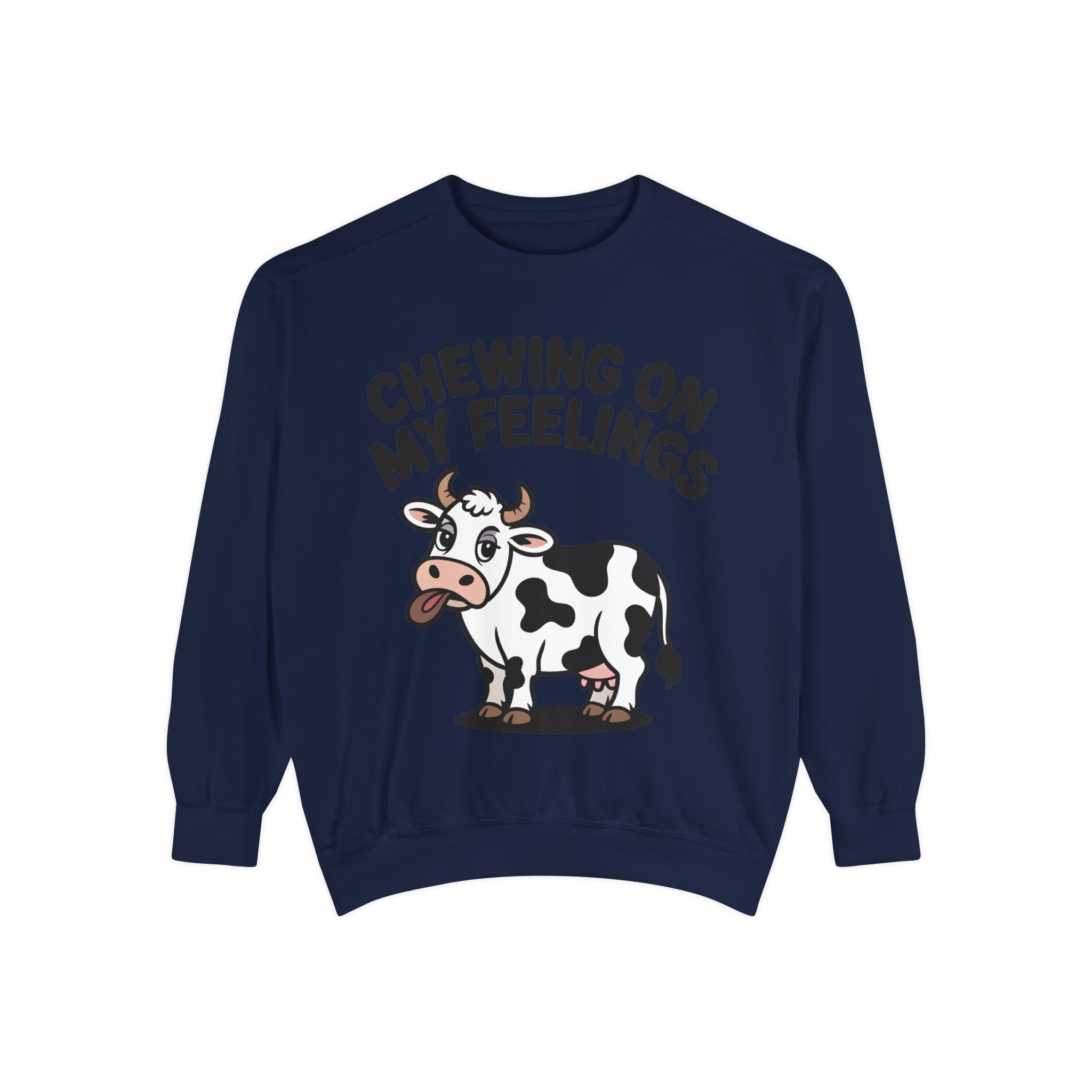 Chewing On My Feelings Sweatshirt, Funny Cow Crewneck, Cute Cow Lover Gift, Embroidered Style Cow Sweatshirt, Funny Farm Animal Shirt