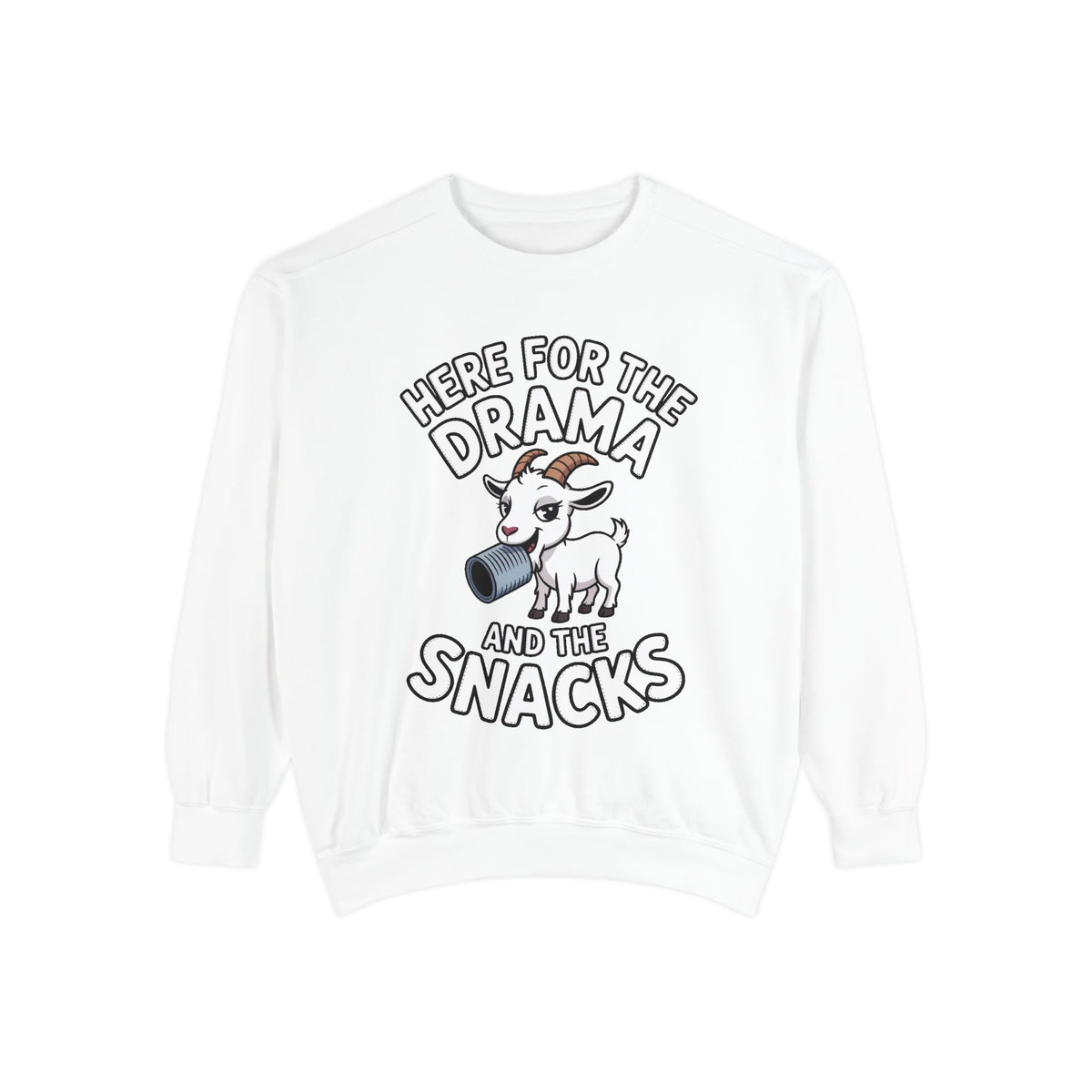 Funny Goat Sweatshirt, Here For The Drama And The Snacks Crewneck, Cute Goat Lover Gift, Embroidered Patch Style Sweatshirt