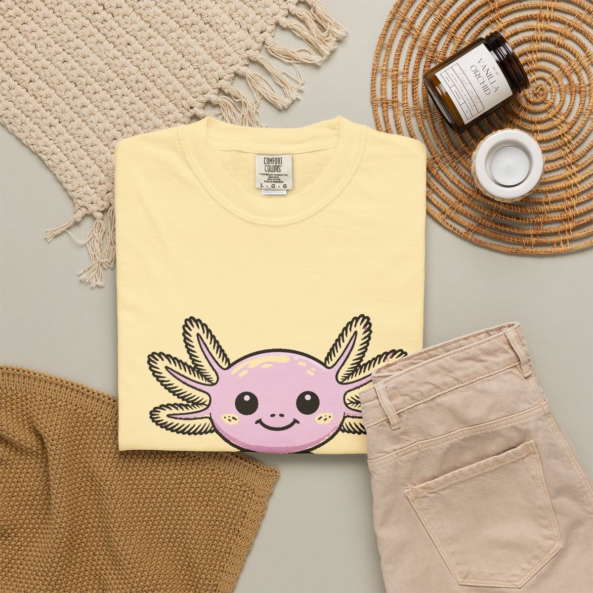 Cute Axolotl Shirt, Smiling Axolotl T-Shirt, Kawaii Axolotl Lover Gift, Garment Dyed Unisex Tee