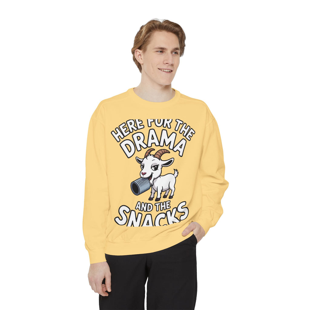 Funny Goat Sweatshirt, Here For The Drama And The Snacks Crewneck, Cute Goat Lover Gift, Embroidered Patch Style Sweatshirt