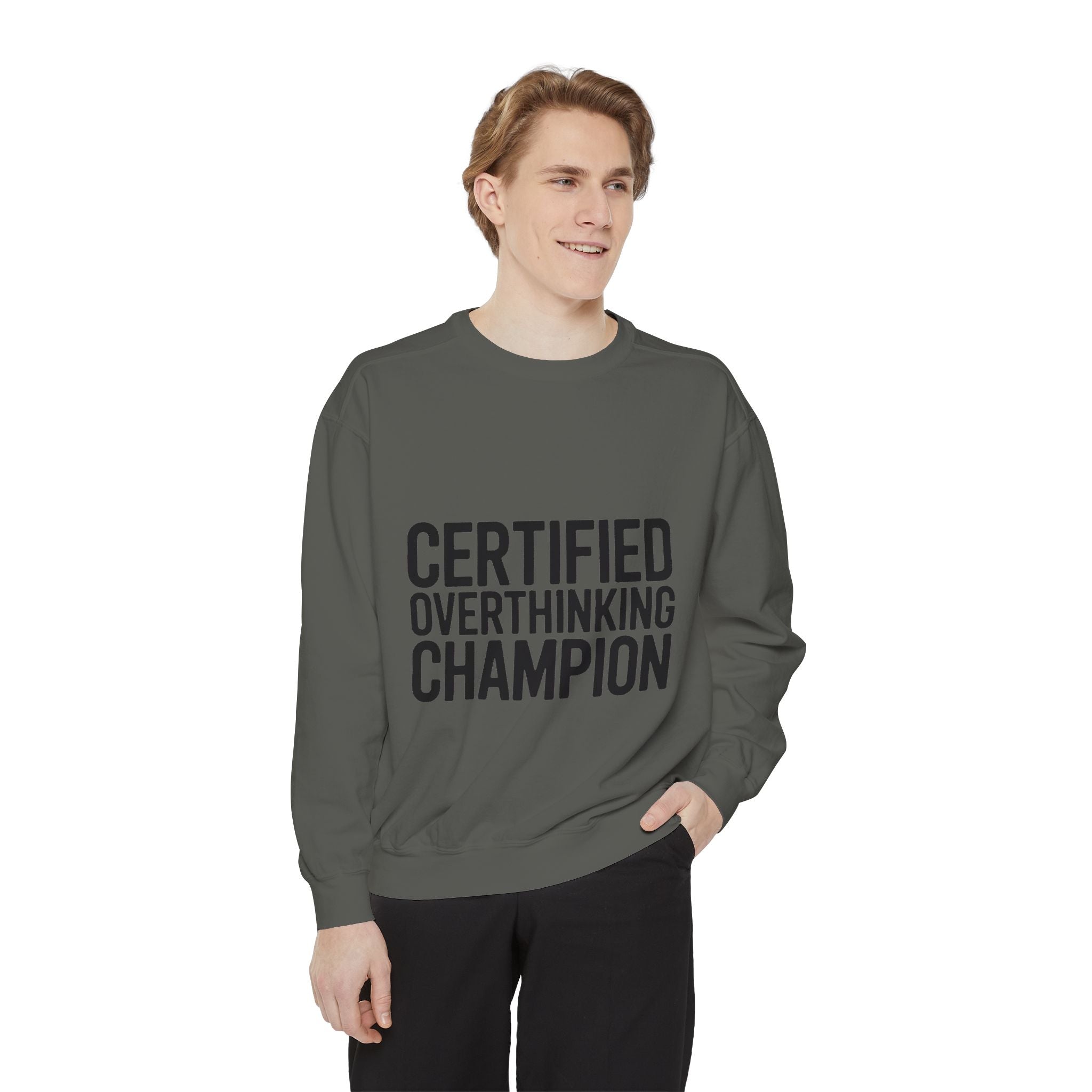 Certified Overthinking Champion Sweatshirt, Funny Embroidered Crewneck, Anxiety Humor Gift, Sarcastic Quote Pullover for Overthinkers