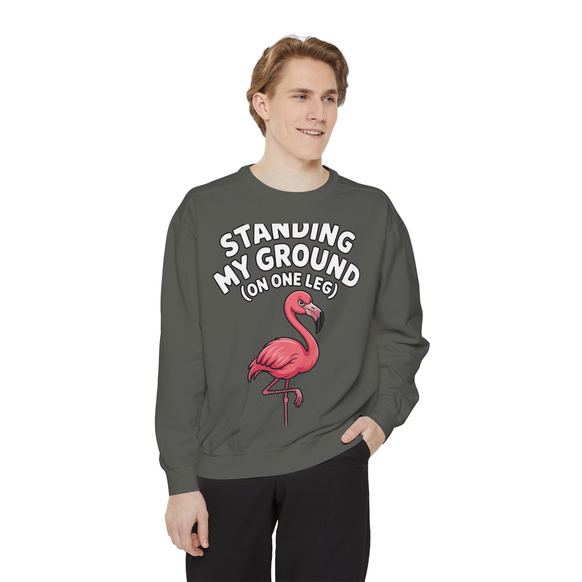 Standing My Ground Flamingo Sweatshirt, Funny One Leg Flamingo Crewneck, Sassy Bird Lover Gift, Embroidered Patch Style Sweatshirt
