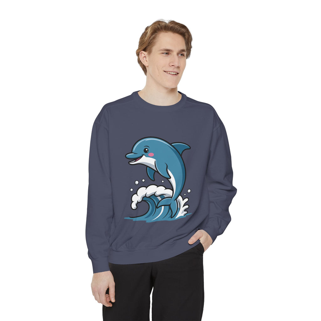 Cute Dolphin Sweatshirt, Embroidered Wave Crewneck, Ocean Lover Gift, Garment Dyed Beach Sweatshirt for Women Men