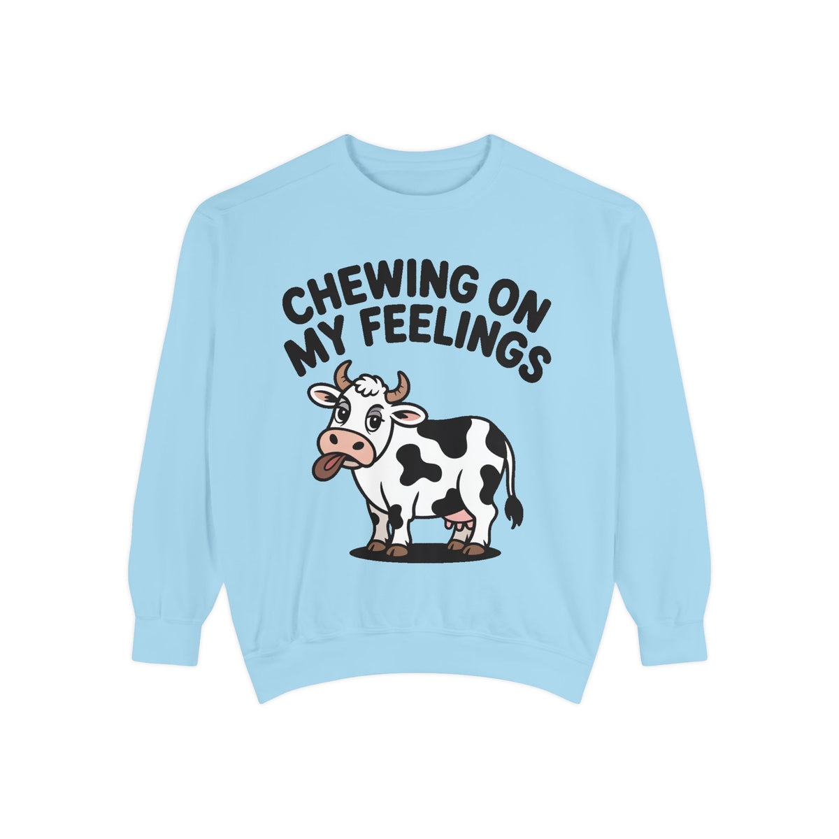 Chewing On My Feelings Sweatshirt, Funny Cow Crewneck, Cute Cow Lover Gift, Embroidered Style Cow Sweatshirt, Funny Farm Animal Shirt