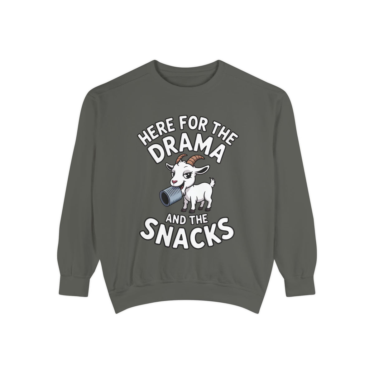 Funny Goat Sweatshirt, Here For The Drama And The Snacks Crewneck, Cute Goat Lover Gift, Embroidered Patch Style Sweatshirt