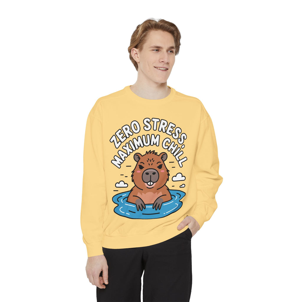 Zero Stress Capybara Sweatshirt, Funny Hot Spring Capybara Crewneck, Cute Chill Animal Gift, Garment Dyed Embroidered Sweatshirt