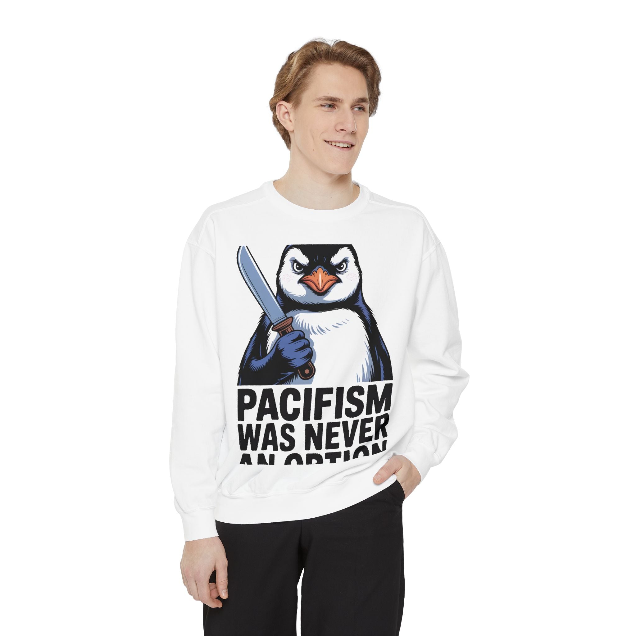 Pacifism Was Never An Option Penguin Sweatshirt, Funny Butter Knife Penguin Crewneck, Vintage Poster Style Graphic Sweatshirt Gift