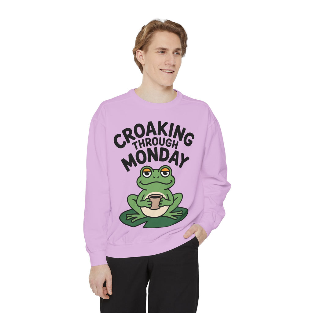 Croaking Through Monday Sweatshirt, Funny Tired Frog Crewneck, Cute Coffee Frog Sweatshirt, Frog Lover Gift