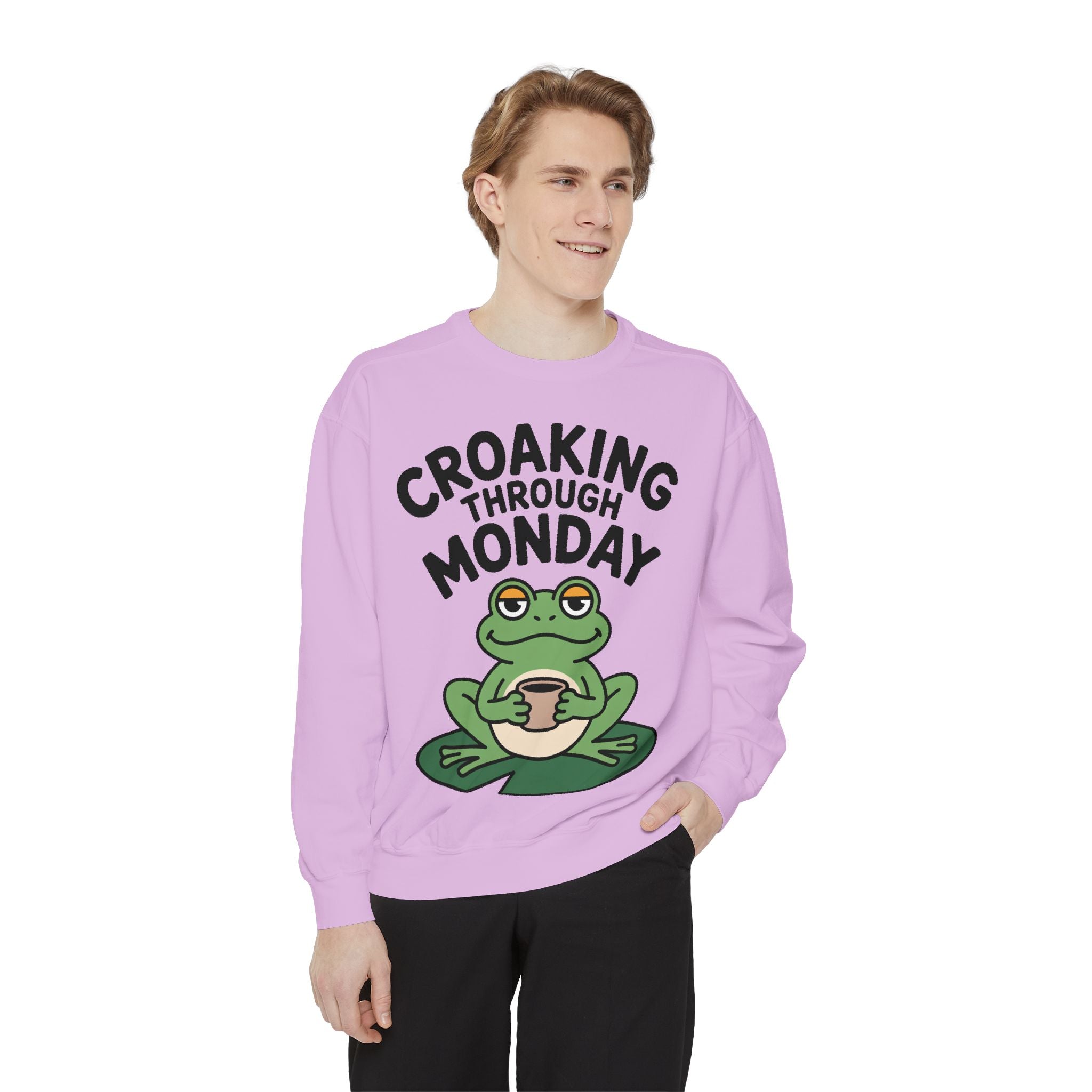 Croaking Through Monday Sweatshirt, Funny Tired Frog Crewneck, Cute Coffee Frog Sweatshirt, Frog Lover Gift