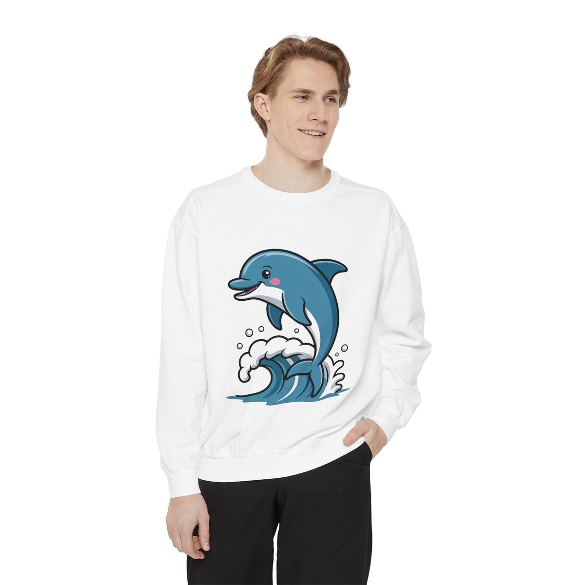 Cute Dolphin Sweatshirt, Embroidered Wave Crewneck, Ocean Lover Gift, Garment Dyed Beach Sweatshirt for Women Men