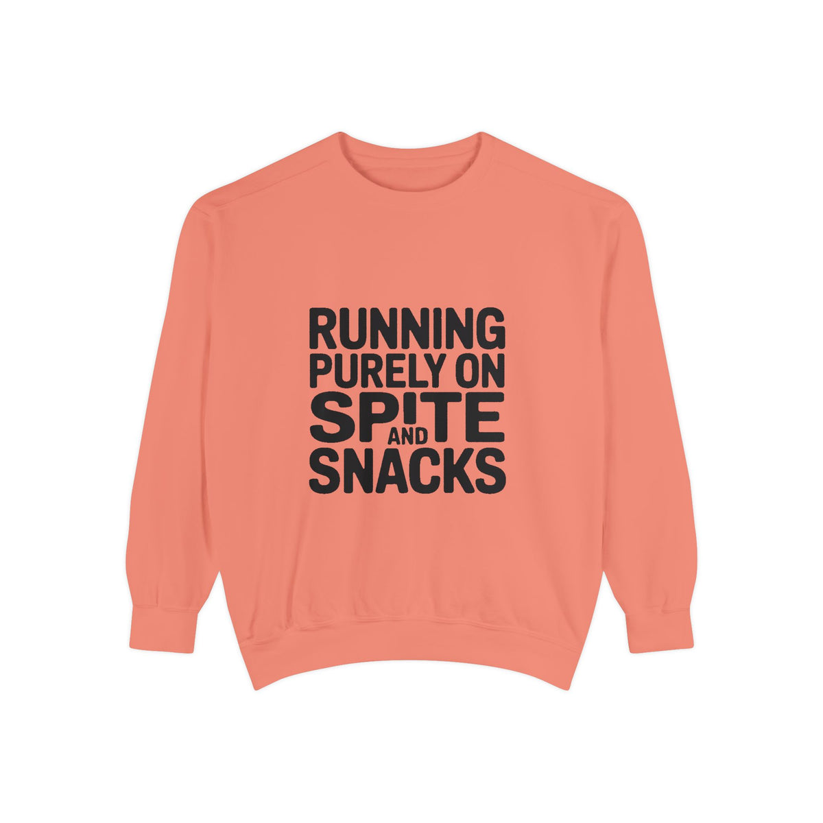 Running On Spite And Snacks Sweatshirt, Funny Sarcastic Crewneck, Embroidered-Look Bold Text Sweatshirt, Sarcastic Gift for Friend