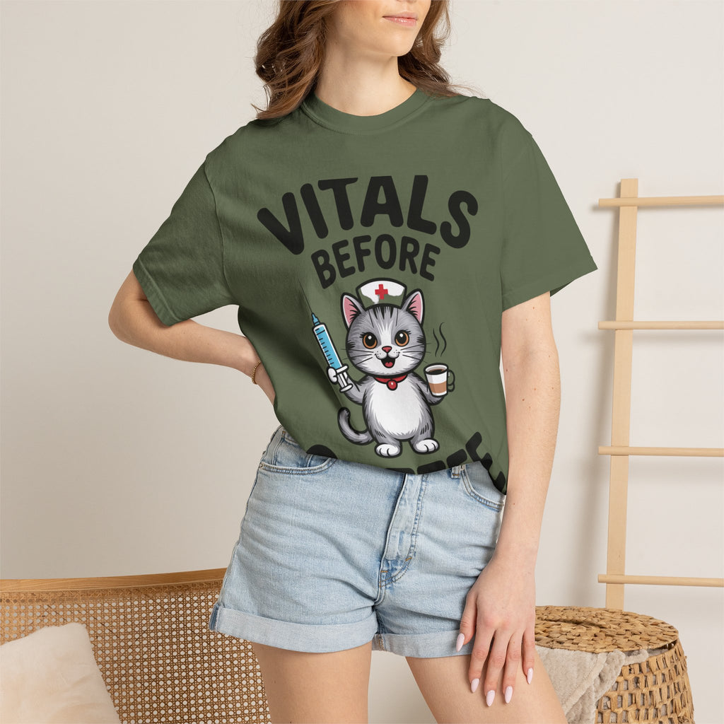 Vitals Before Coffee Nurse Shirt, Funny Nurse Cat T-Shirt, Cute Nurse Gift, Nursing Student Shirt, RN Coffee Lover Tee